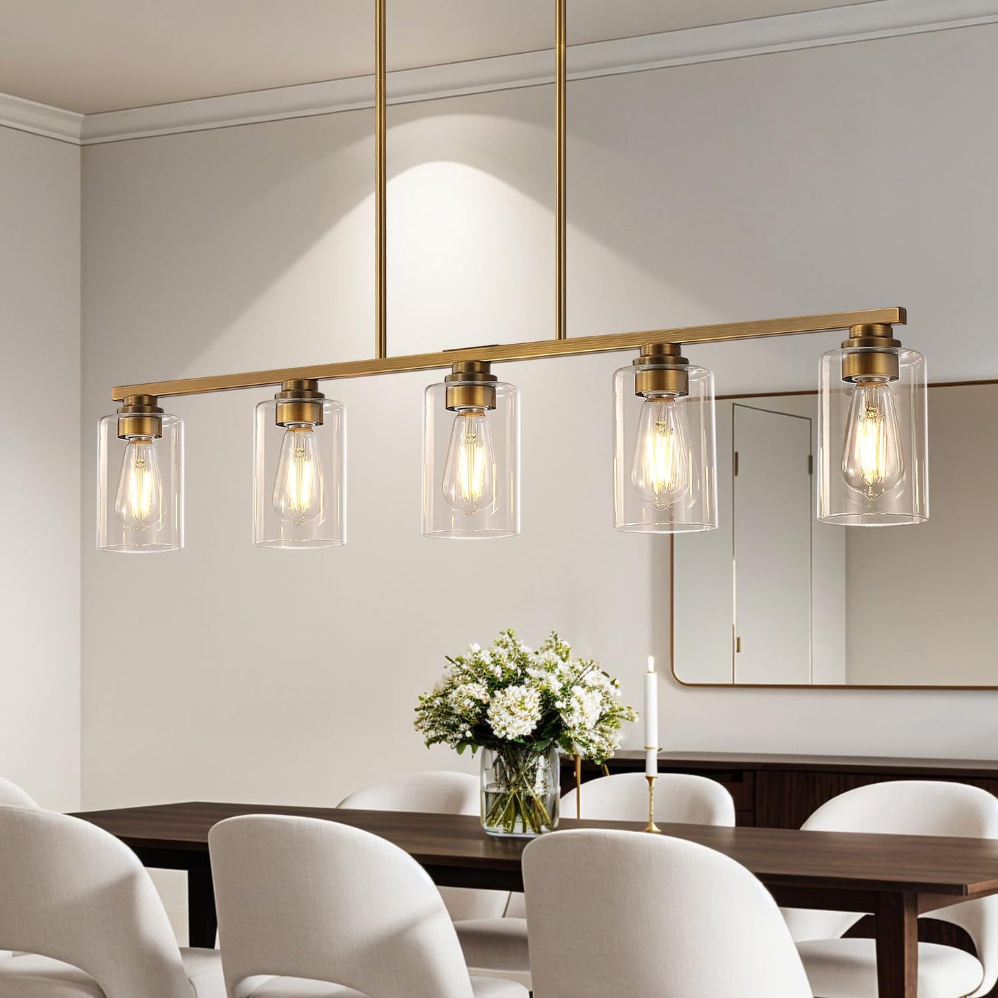 Mecgirn Island Light For Kitchen  Brushed Brass Dining Room Light Fixture Over Table  5-Light Linear Chandelier Pendant Lighting For Dining Table Kitchen Island Living Room