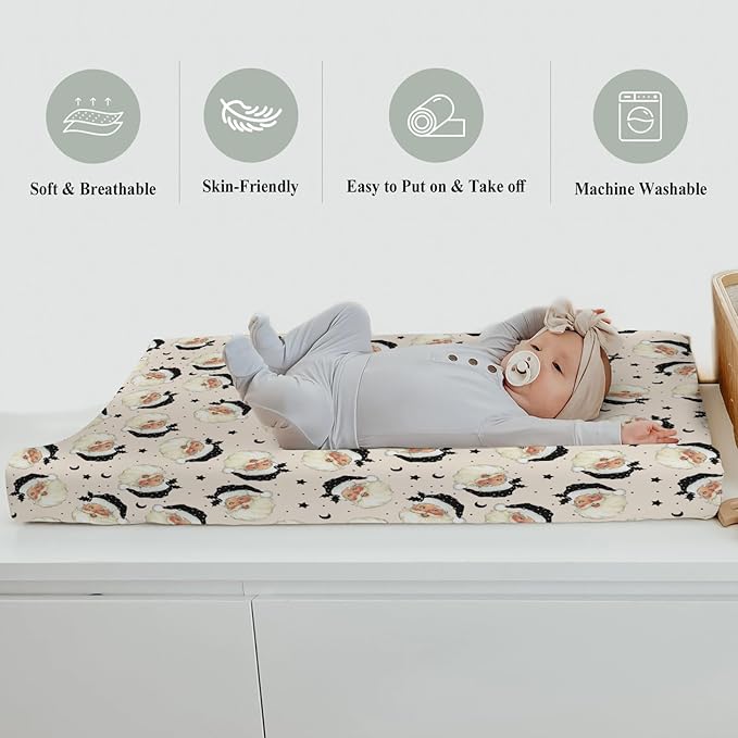 Vintage Christmas Santa Claus Baby Changing Pad Covers for Boy Girl Retro Santa Fir Leaves Moon Stars Fitted Changing Table Mats Winter Holiday Festive Soft Diaper Change Table Cover Sheets 32''×16''