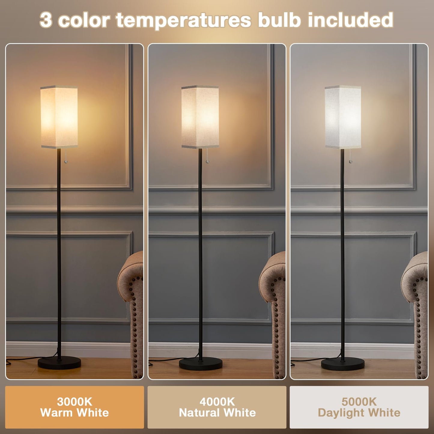 Ambimall Floor Lamp with Pull Chain Switch, 64in Metal Standing Lamp, Beige Square Shade & Black Pole, Model RPT-ZGB122