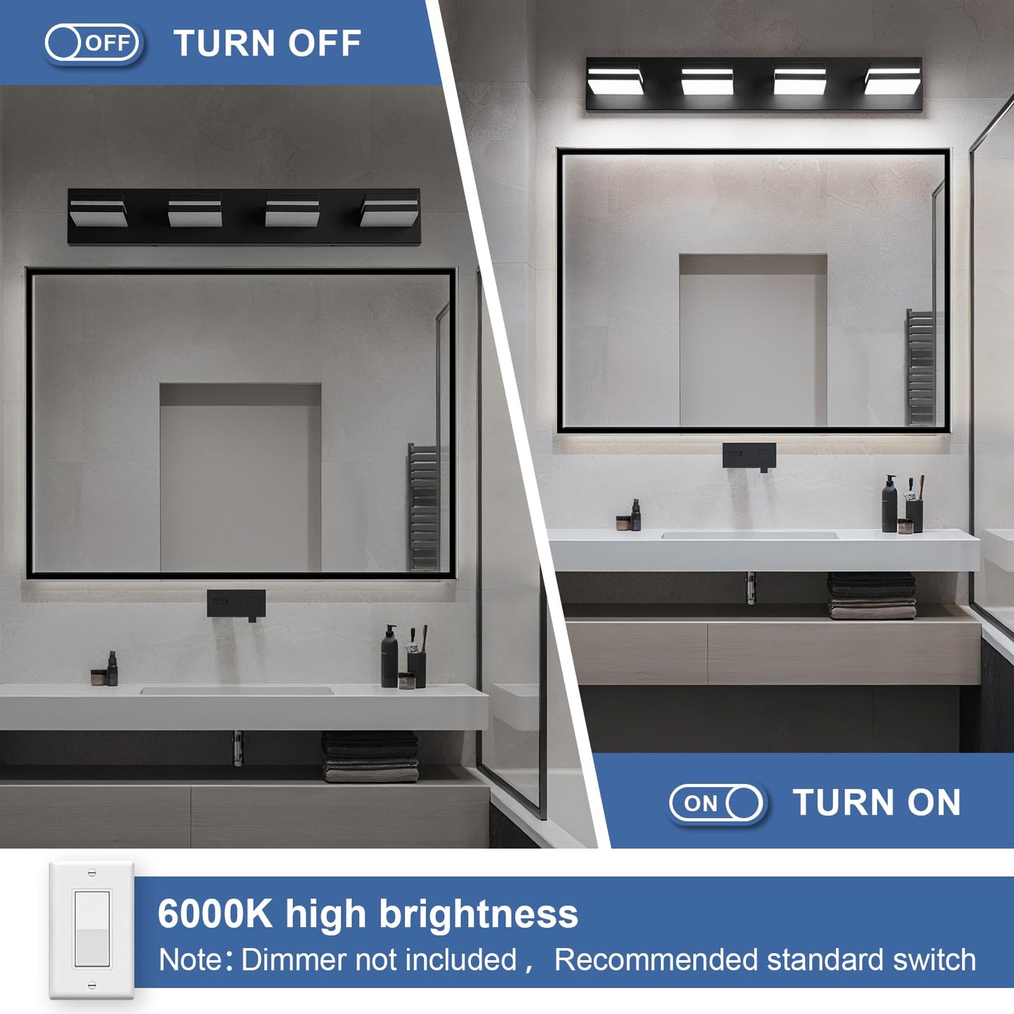 Jzekvn Modern Led Bathroom Lights Fixtures(4-Light) Metal Black Acrylic Wall Lighting Vanity Lights For Bathroom Over Mirror(6000K 27In