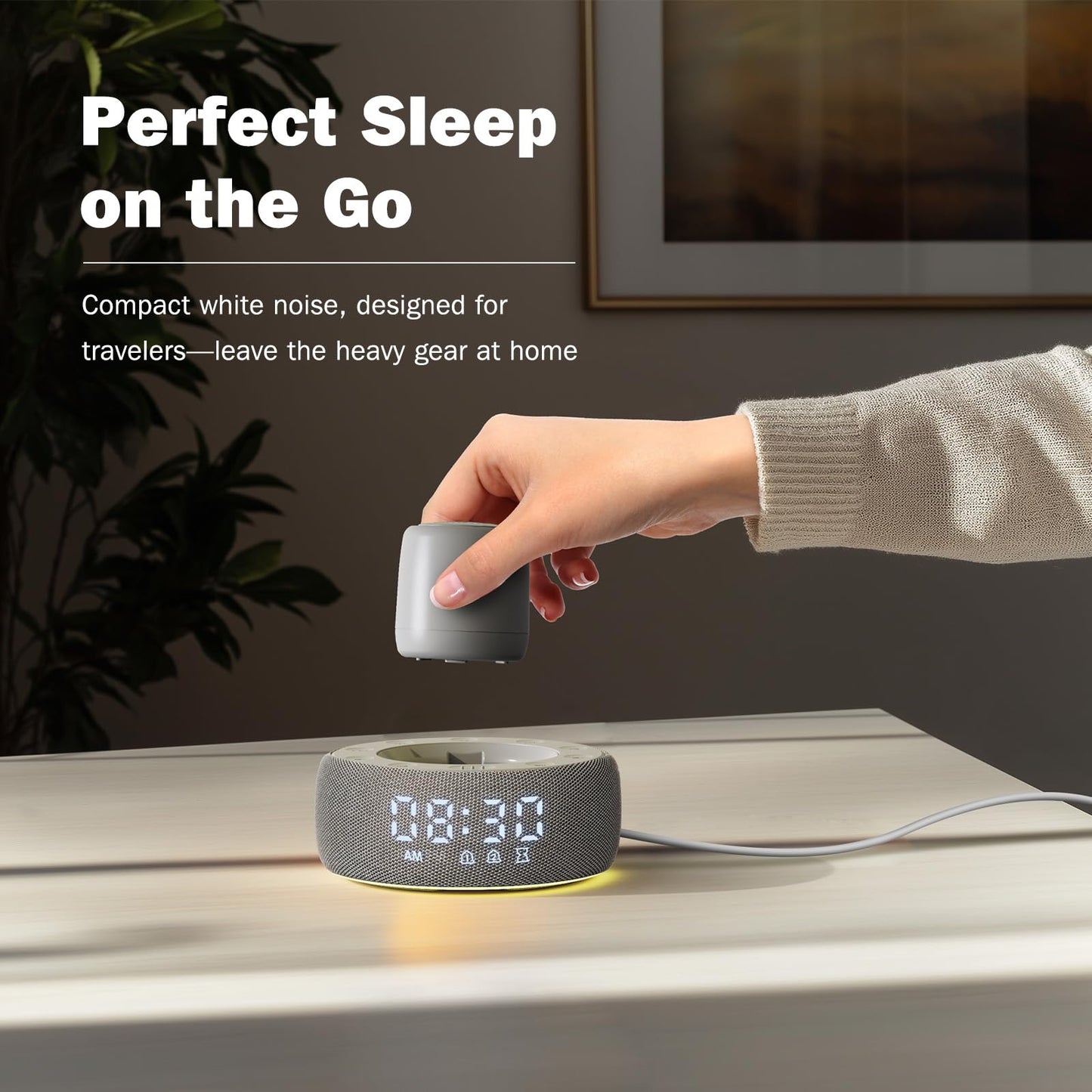 Paussion White Noise Machine with Smart Alarm Clock, 25 Soothing Sounds, Portable Sleep Sound Machine Aid for Baby, Kids, Adults, Office, Dimmable Timer, 7 Night Light Colors for Privacy Bedroom, Gray