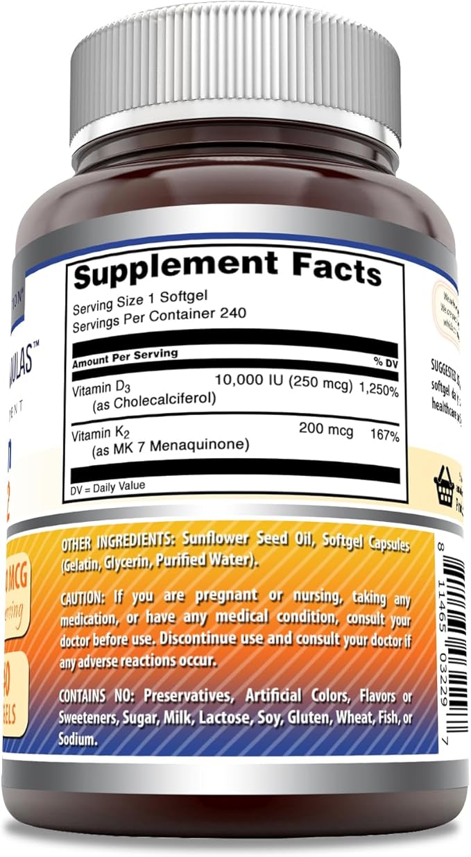 Amazing Formulas Vitamin D3 10000 IU with Vitamin K2 200 Mcg | D3 + K2 Complex Supplement | Non-GMO | Gluten-Free | Made in USA (1 Pack, 240 Count)