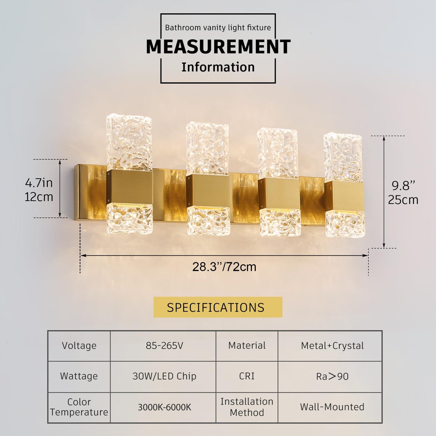 OYLYW Vanity Lights Fixtures for Bathroom, 4 Lights, Dimmable, Brushed Gold, Stainless Steel, Model JQ1428-4TG