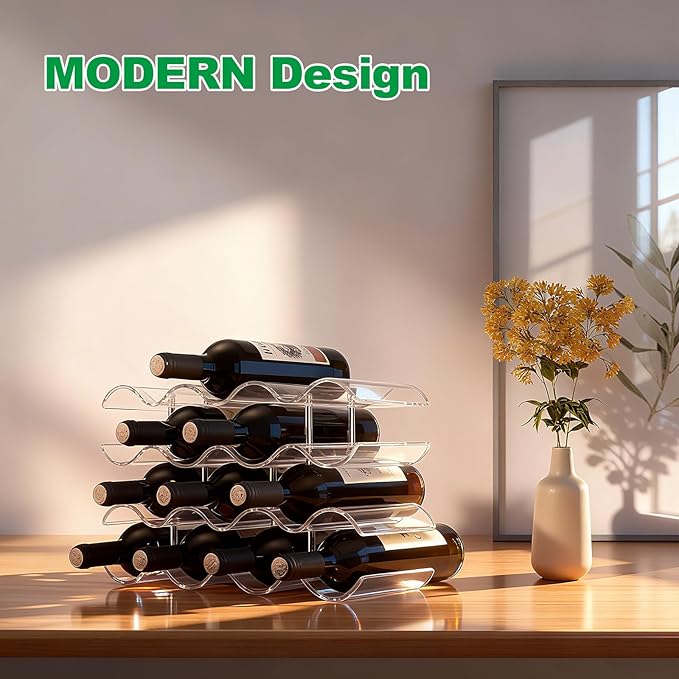 Wine Rack Countertop, Wine Rack for Inside Cabinet, Acrylic Wine Holder, Wavy Wine Bottle Holder for Cabinet Pantry Home Kitchen (4 Tiers - 14 Bottles)