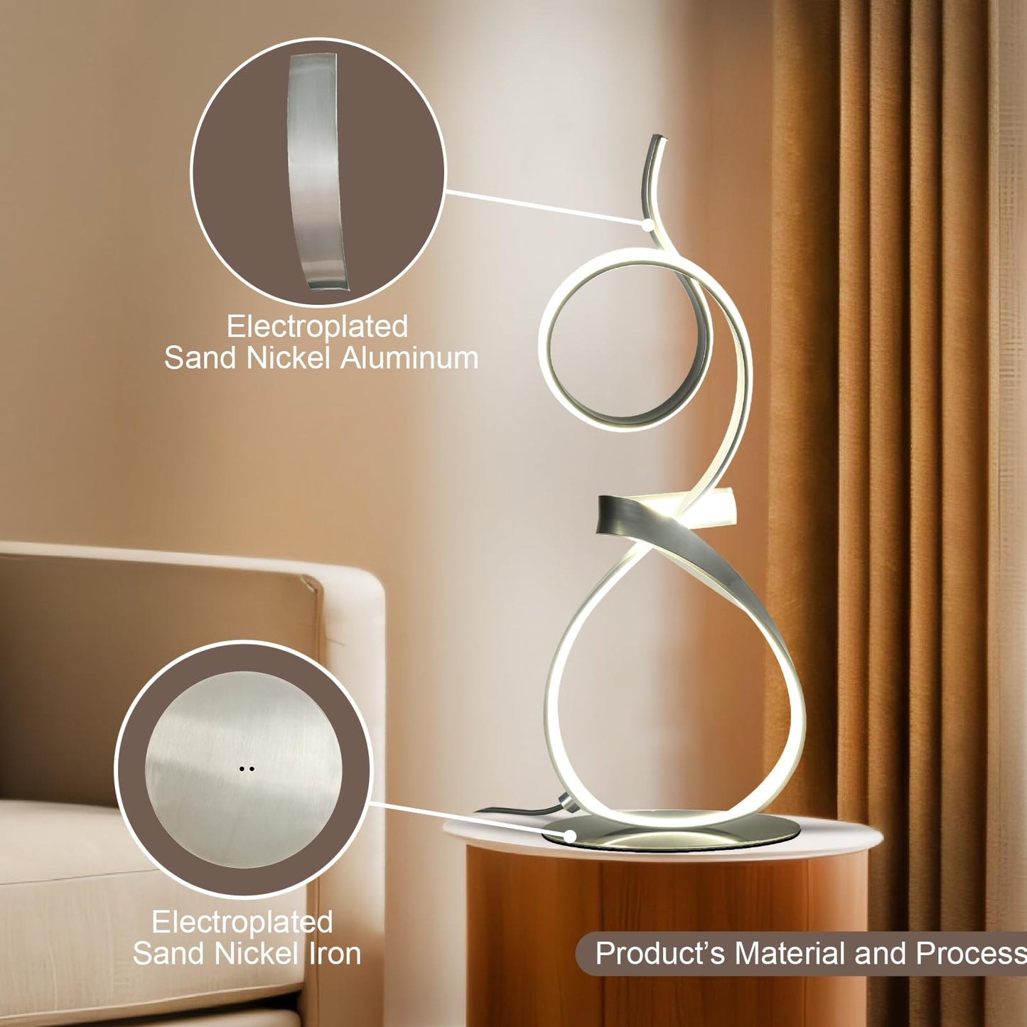 AooLiWang Modern LED Table Lamp with Remote Control, 21inch, Sand Nickel, Model ALW-TB, 3 Color Touch Dimmer
