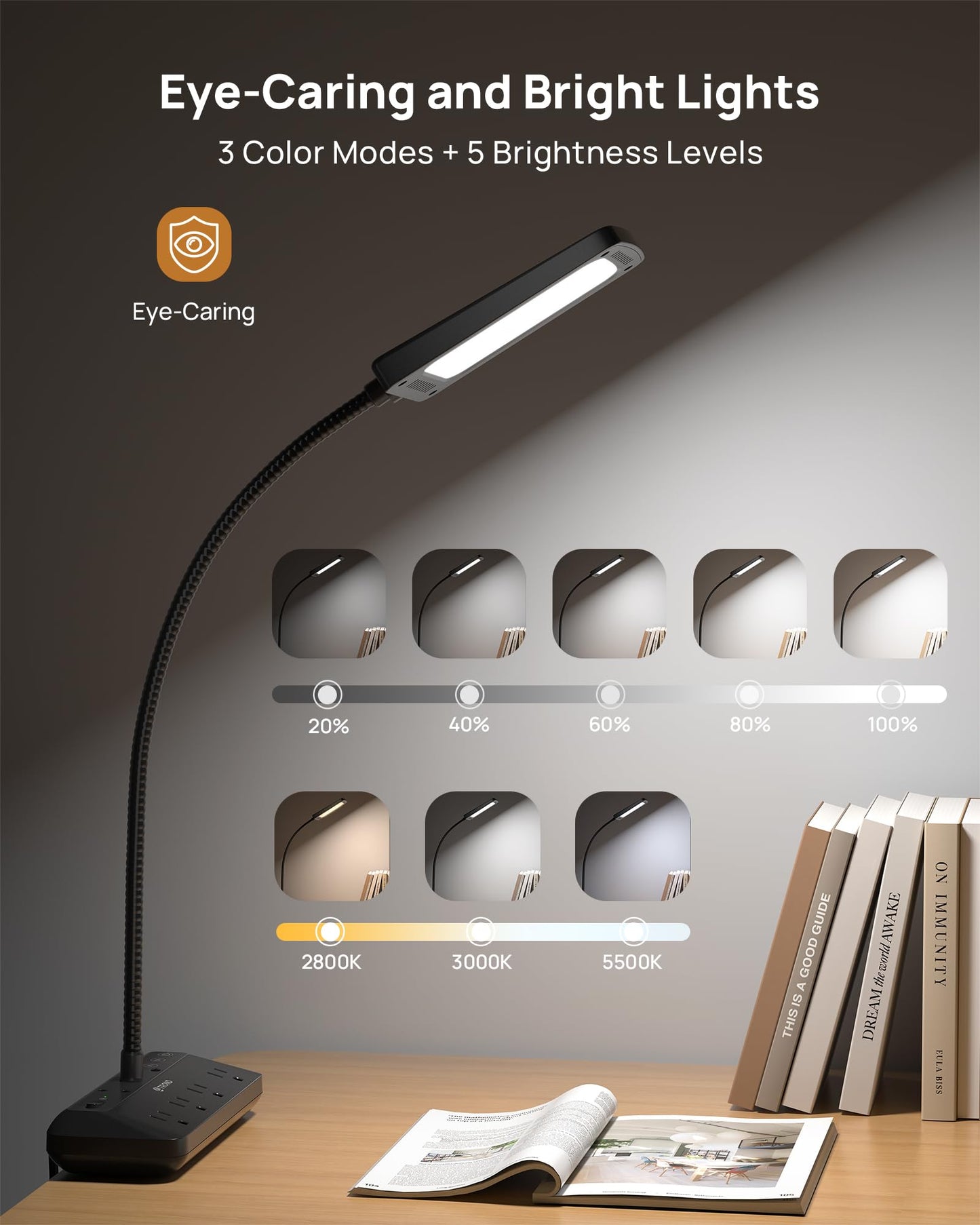 TROND LED Desk Lamp with Clamp, 4 Outlet Power Strip, 15 Lighting Modes, 6ft Cord, Gooseneck, Small, Black, Model TD-PS-US29L