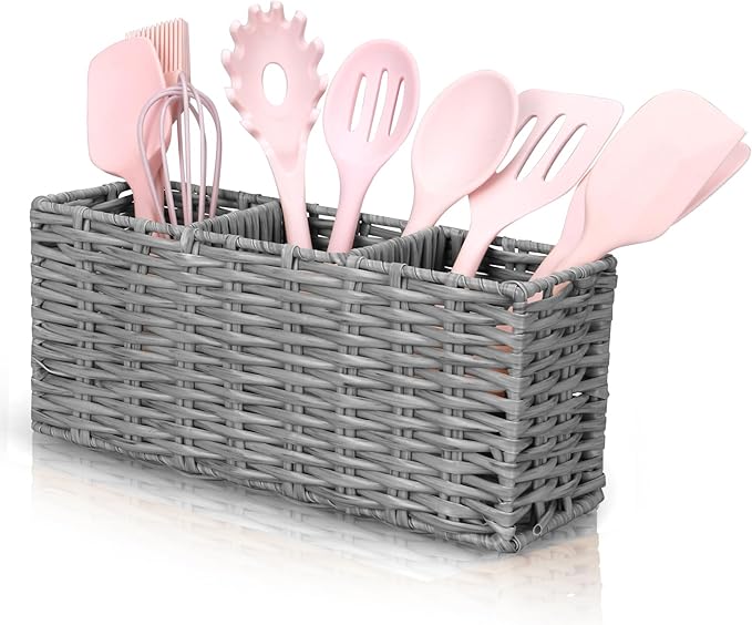 Ayiaren Grey Plastic Cutlery Silverware Holder Small Utensil Organizer Holders for Kitchen Counter Party Flatware Caddy Table Silverware Organizer Basket Spoon Knife Fork Holder Picnic Utensil Caddy