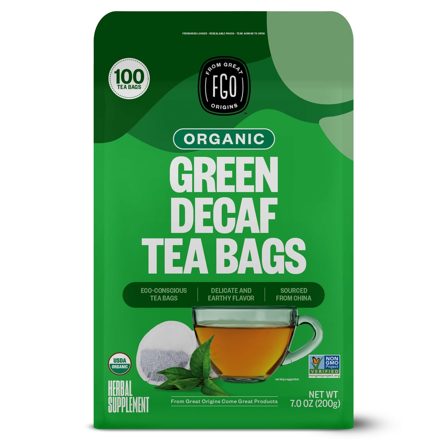 FGO Organic Green Decaf Tea  100 Count  Eco-Conscious Tea Bags  Resealable Bag  Caffeine Free  Packaging May Vary (Pack of 1)