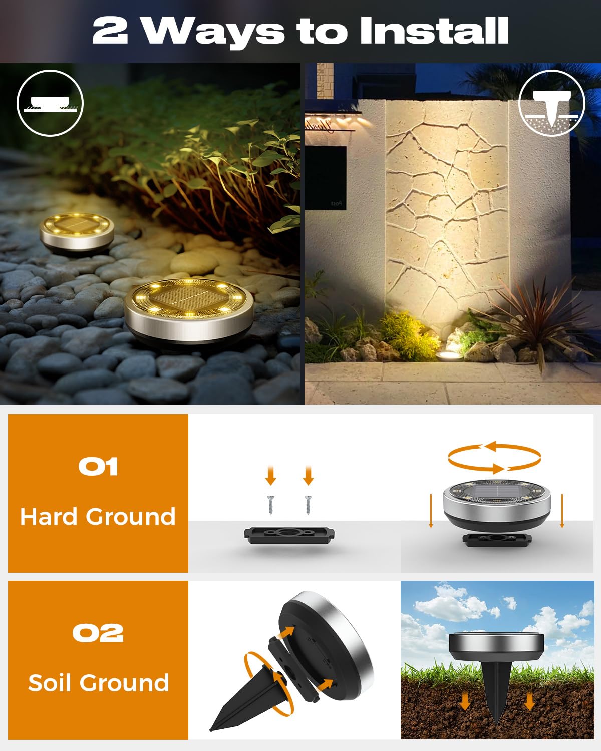 btfarm Solar Ground Lights, 8 LED Disc Lights, IP65 Waterproof, 16 Pack, Warm White