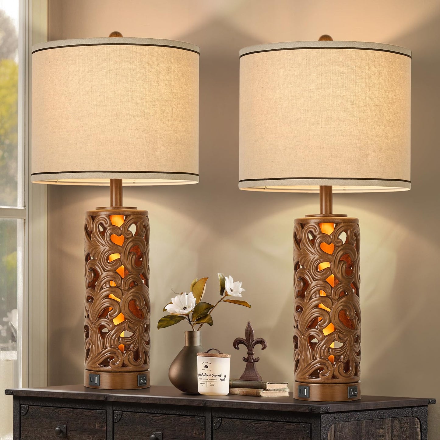 AIDENOEY 3-Way Dimmable Touch Control Table Lamp Set of 2, Vintage Walnut Finish, USB Ports, 27.5in H, Model HYZCQT002