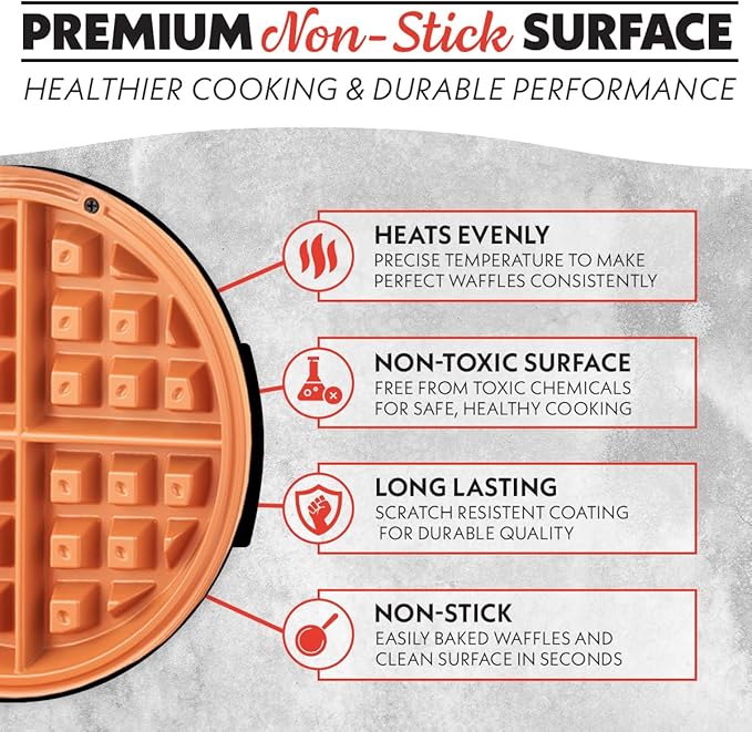 Gourmia Belgian Waffle Maker – Adjustable Browning Control, Nonstick Plates, Ready & Power Indicator Lights, Compact Upright Storage, Cool-Touch Handle