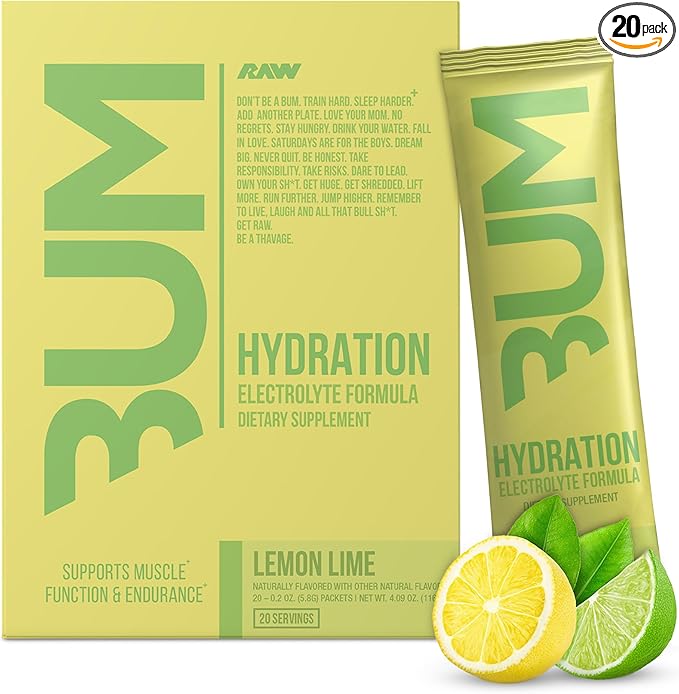 RAW Electrolytes Powder Hydration Drink Mix Packets, Bum Hydrate (Lemon Lime, 20 Servings) - Electrolyte Hydration Packets...