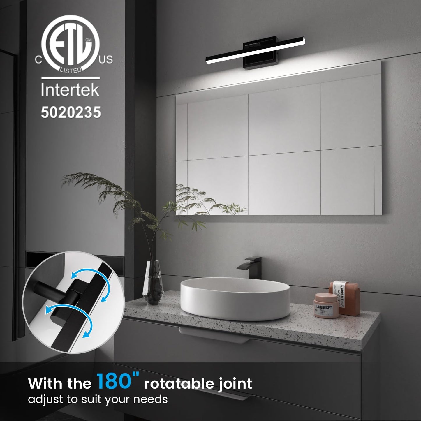 VOLISUN Modern Bathroom Vanity Light 15.7 inch, Rotatable, 12W Dimmable 5CCT Led Bathroom Light Fixture Over Mirror, Black Bar Vanity Light for Bathroom Mirror Restroom-ETL Certificated