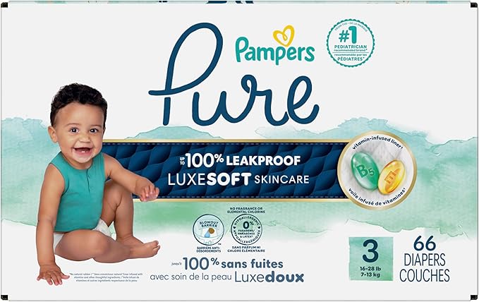 Pampers Pure Protection Baby Diapers, Size 3 (16-28 lbs), 66 Count, Up to 100% Leakproof, Premium Plant-based Skin Protection, Hypoallergenic Soft Diapers