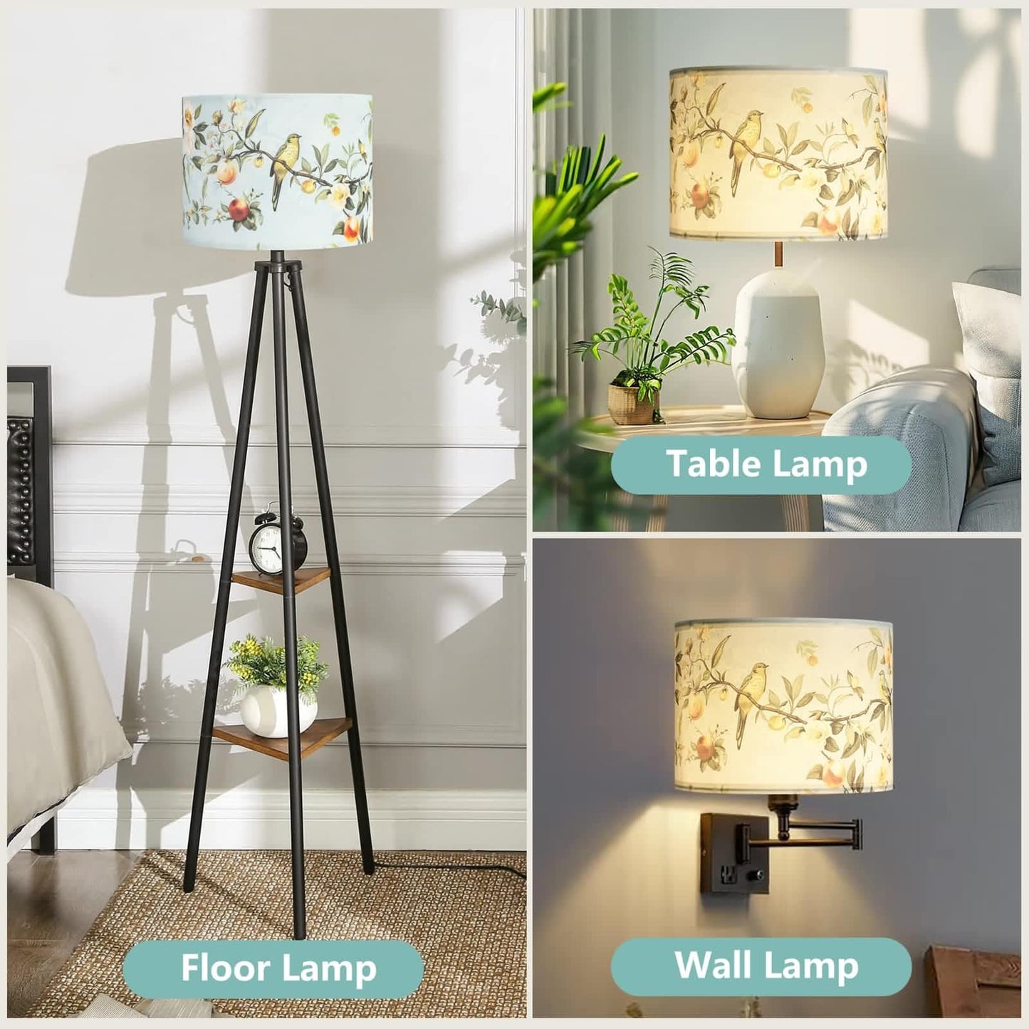 Haultop Small Table Lamp Shade, Fabric, Floral and Bird Print, 8.7x8.7x7.9in, Multicolour A, 1 Pack