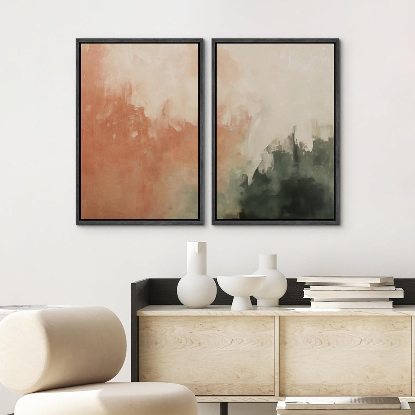 SIGNWIN Framed Canvas Print Wall Art Set Color Fade Abstract Landscape Earthy Terracotta and Forest Green Illustrations Modern Minimal Decorative for Living Room, Bedroom, Office - 24"x36"x2 Black