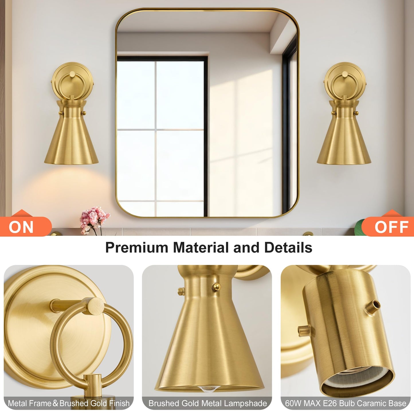Gednbo Gold Wall Sconces For Bathroom  Modern Vanity Light Fixtures  Wall Mount Lighting Farmhouse Wall Lights With 6 Inch Metal Lampshade For Bedroom Living Room Mirror Kitchen (Gold Metal  2 Pack)