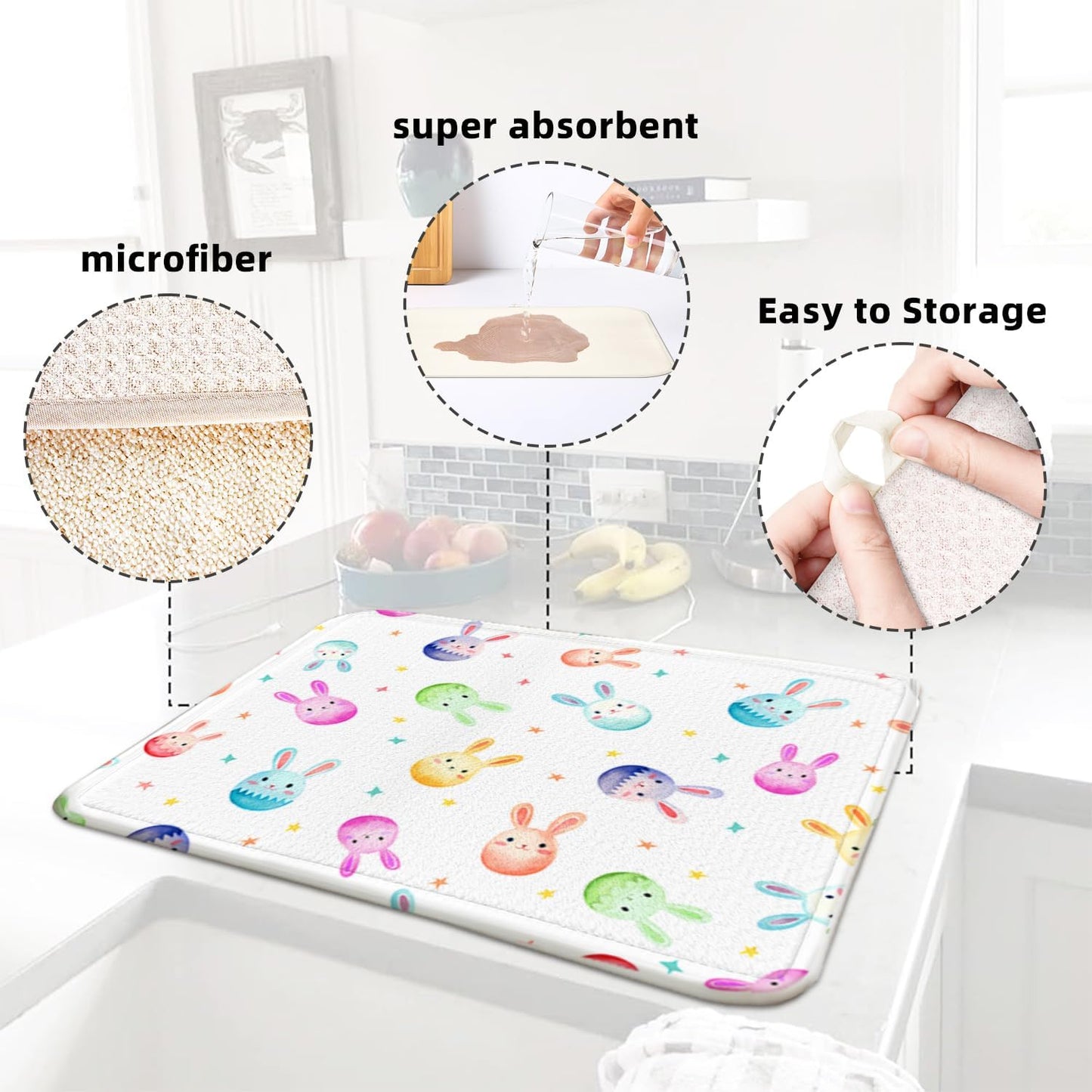 Easter Dish Drying Mat for Kitchen Counter 16''x18'' Microfiber Absorbent, Small & Compact Red Kitchen Draining Mat for Countertops Dish Drainer Mat Drying Pad Foldable Utensils, and Cookware