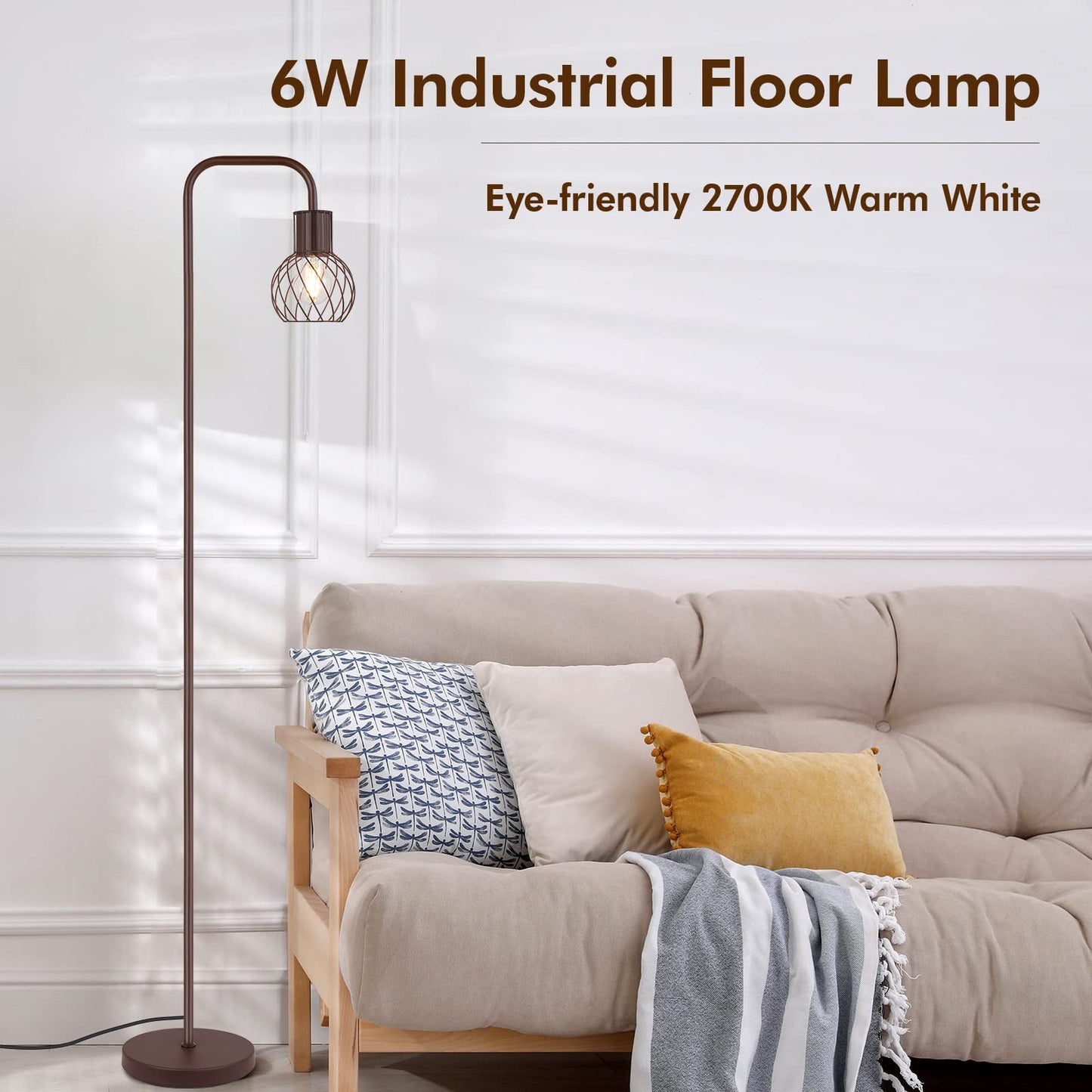 AUQUEE Industrial Standing Lamp with 6W LED Bulb, Foot Switch, Metal, Brown, Model AQ1214US