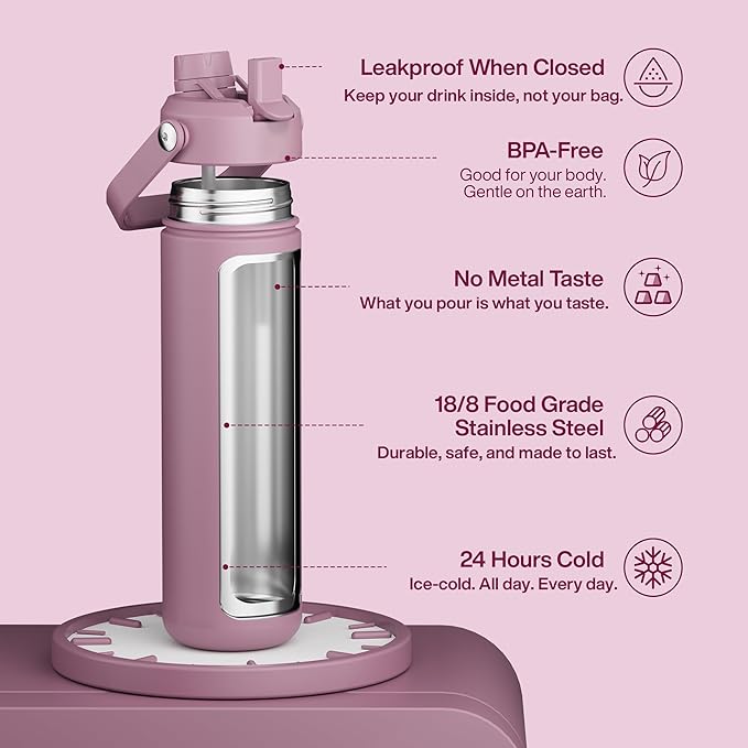 ENCOOL Insulated Water Bottle with Straw Stainless Steel Water Bottle, Leak-Proof, BPA-Free, Double Wall Vacuum Keeps Cold for 24 Hours for Sports, Travel, School (26 oz, Mountbatten Pink)