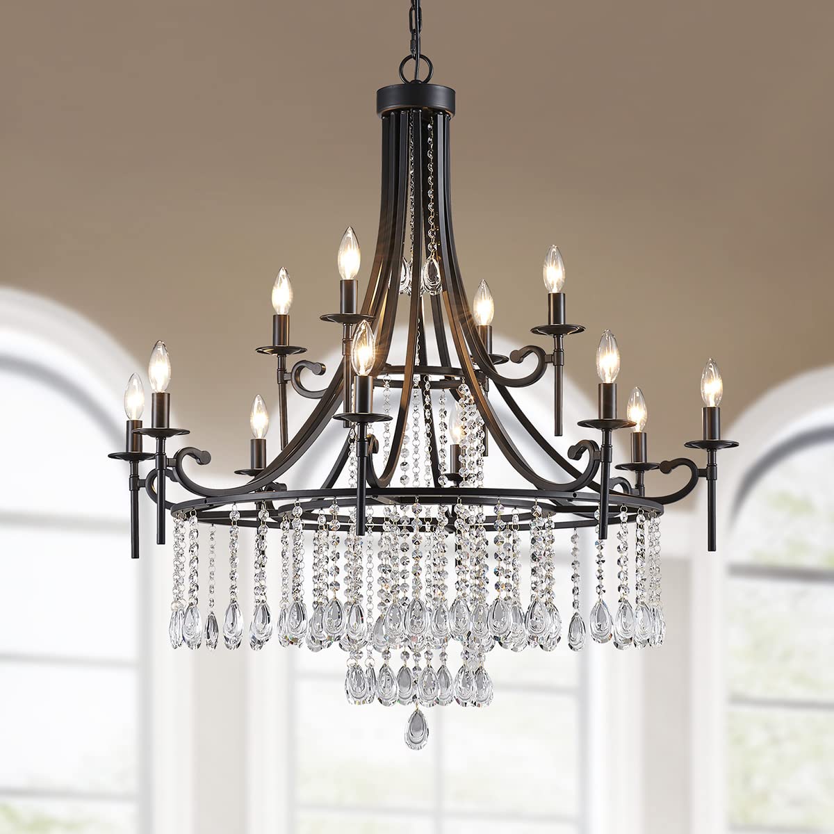 Wuzups Candle Chandelier 12-Light Wagon Wheel Pendant Ceiling Light Modern Lighting Fixture For Bedroom Hallway Bar Kitchen Dinning Living Room Bathroom  Black