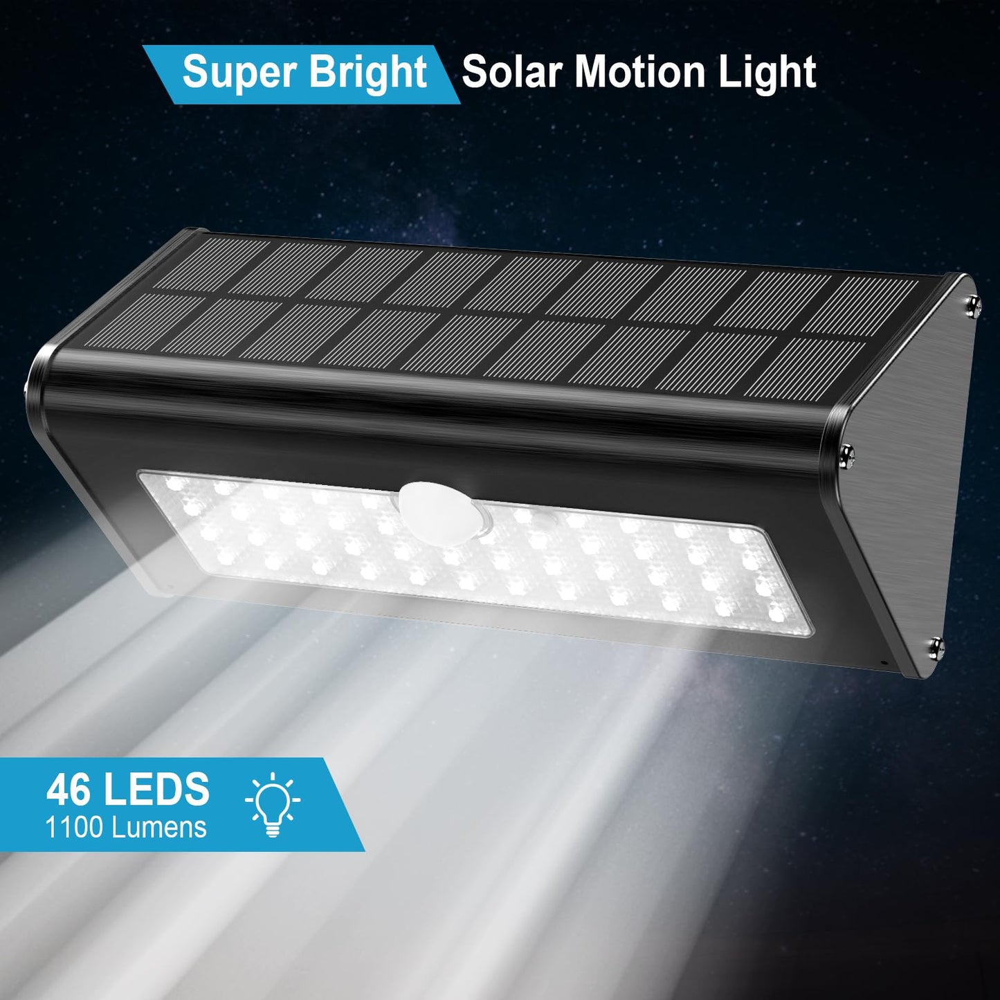 SECUROAD Solar Motion Sensor Lights, 1100 Lumens, IP65 Waterproof, 4500mAh Battery, Black Aluminum, Model HBT-1606BP, 1 Pack
