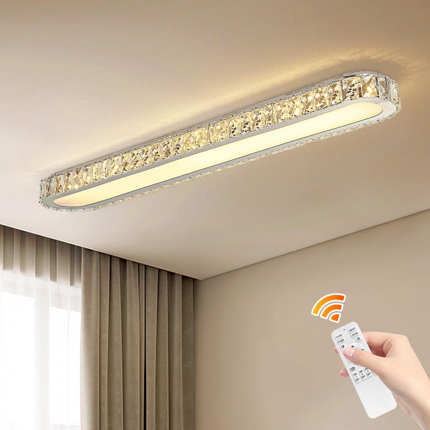 Qcyuui Dimmable Led Ceiling Light 39.4 Kitchen Lighting Fixtures Ceiling Modern stylish Crystal Ceiling Light With Remote Chrome Long Ceiling Light Fixture For Kitchen Dining Room Hallway 48W