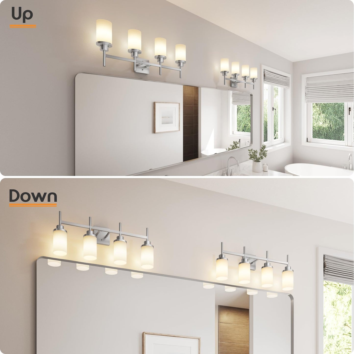 AONEON 4-Light Vanity Lighting Fixtures with White Frosted Glass Shade, Brushed Nickel Bathroom Wall Lamps Over Mirror for Bath Restroom Kitchen T001BR-L4