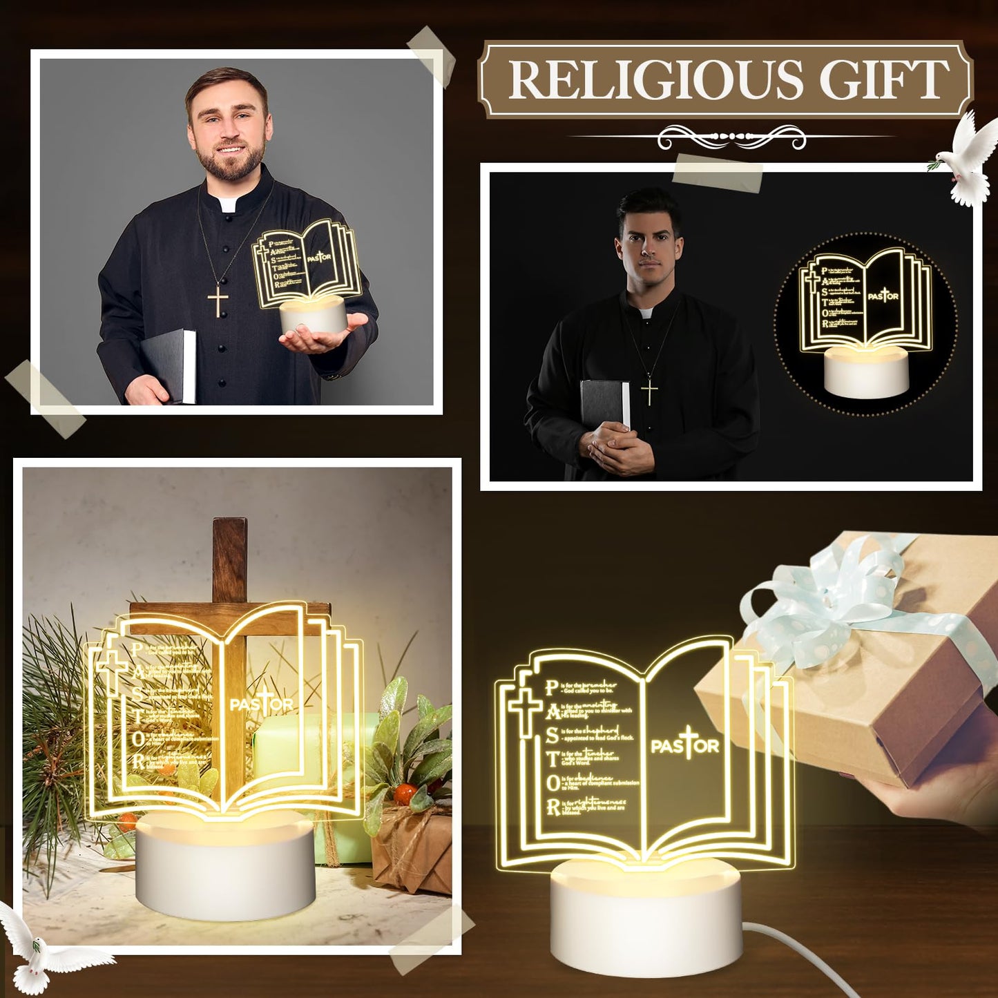 Kosiz 2 Pcs Pastor Appreciation Gift Led Night Light Christmas Christian Gifts Engraved Thank Clergy Sayings Acrylic Lamp With Base Religious Decor Men Women Clergy Staff Retirement (Stylish Pastor)