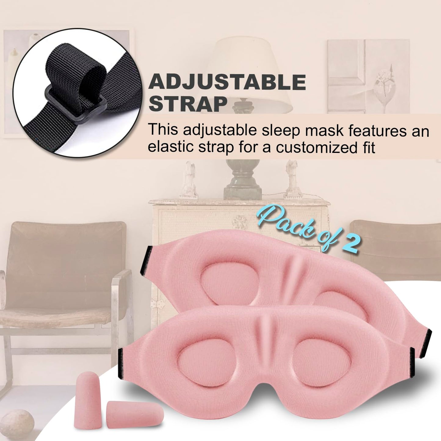 Luxury Sleep Mask – Pack of 2 Ultra-Soft Silk Eye Covers with Adjustable Strap & Soft Ear Loops, 3D Contoured Light Blocking Sleeping Mask for Travel, Naps & Relaxation(Black & Pink)