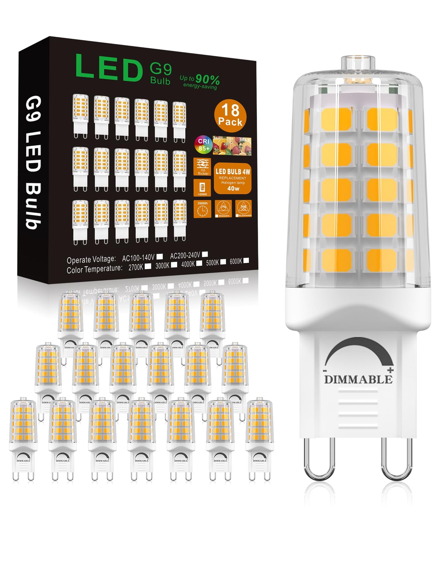 Baoming G9 Led Bulb Dimmable 4W  40 Watt T4 G9 Halogen Equivalent  3000K Soft Warm White  120V No-Flicker  Chandelier Lighting 450Lm (18 Pack)