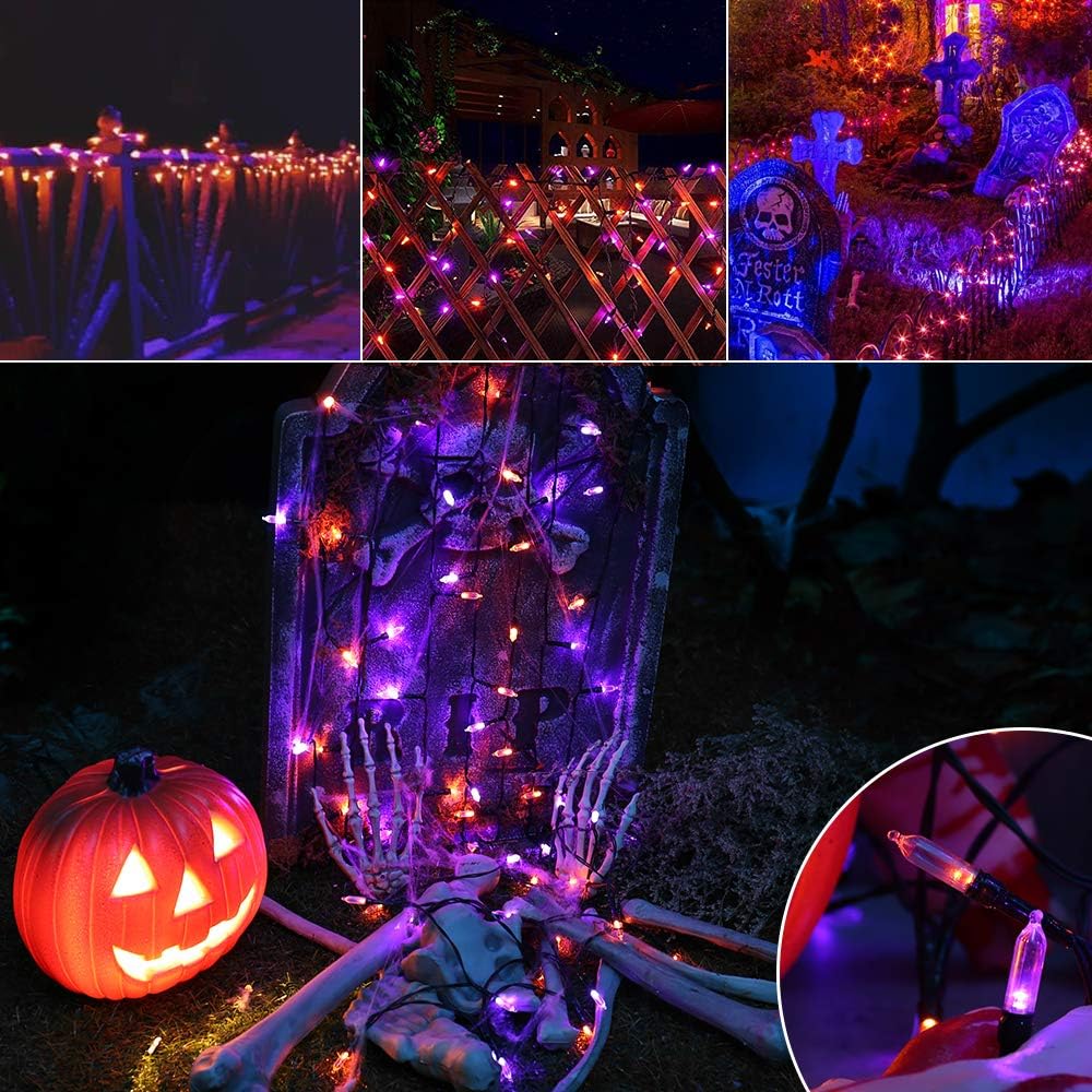 Lyhope Orange Purple Halloween Lights Indoor  2 Pack Total 66Ft 200 Led Battery Halloween Light With 8 Mode  Timer  Waterproof Battery Operated String Lights For Home Tree Wreaths Party Holiday Decor