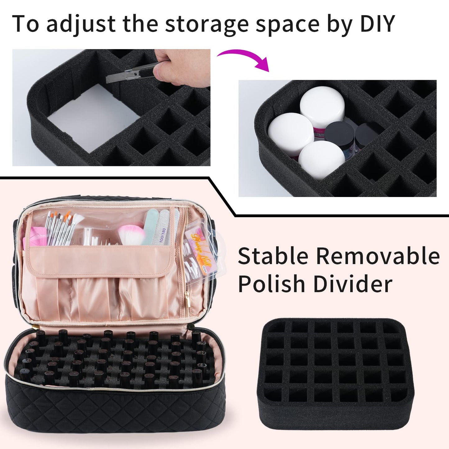 VOFIpremiAm Nail Polish Organizer Bag Fits 1 Nail Lamp and 40 Bottles,Pretty Nail Organizer with Side Pockets for Nail Polish Re