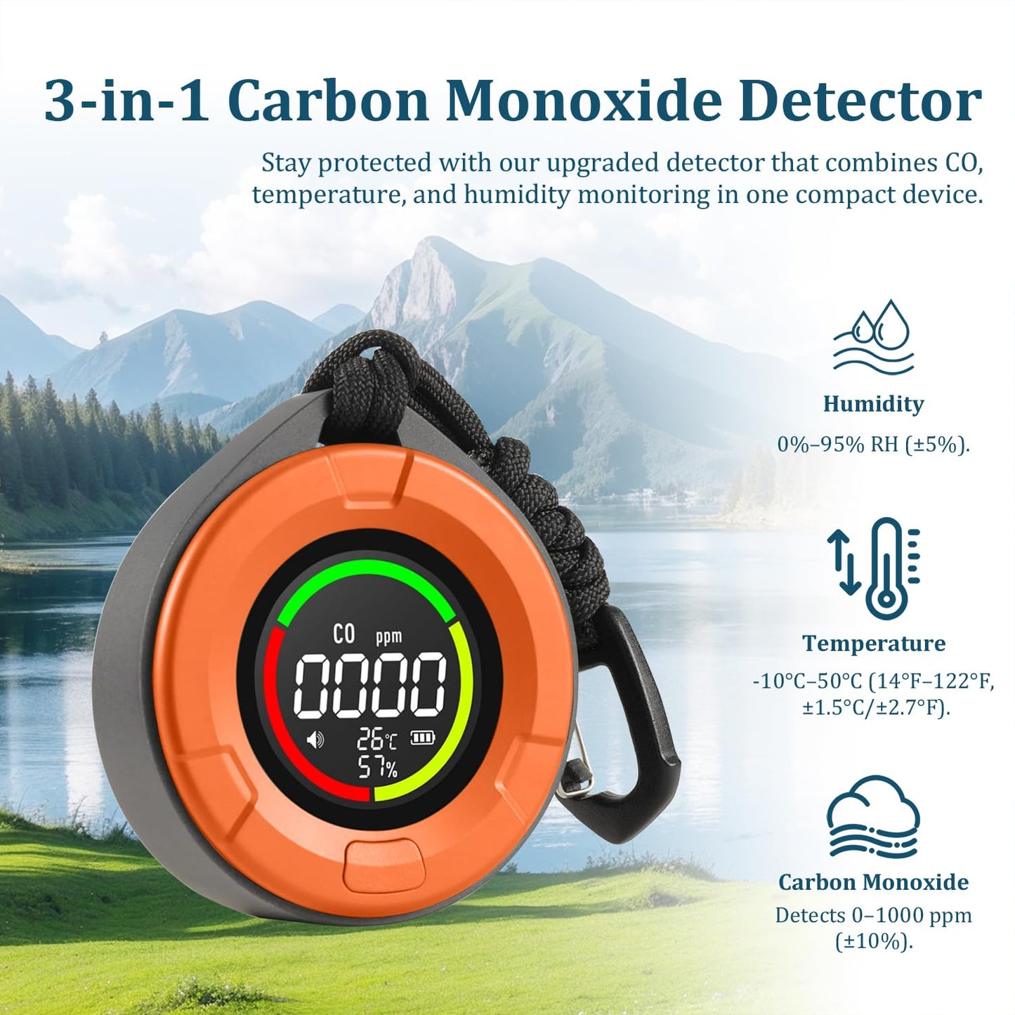 3-in-1 Portable Carbon Monoxide Detector for Travel, Portable Travel CO Detector Rechargeable CO Alarm with Temperature & Humidity Display, Travel Carbon Monoxide Detectors for RV, Camping (Orange)