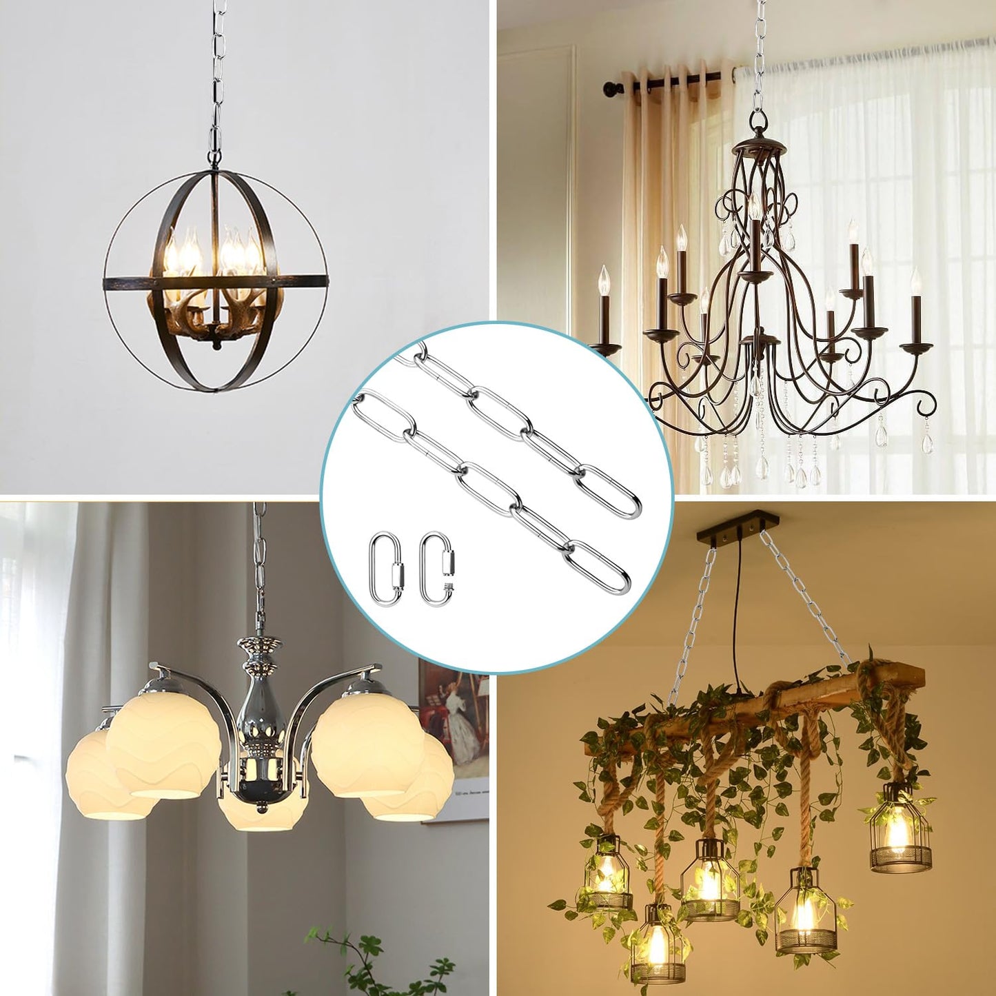 Helunsi Chrome Chandelier Chain - 6Ft Heavy Duty Metal Extension With Lock, Iron Decorative Light Fixture