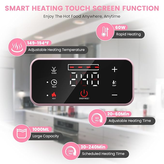 Electric Lunch Box For Adults - Rechargeable 60W Self-Heating Food Warmer with 1.0L Stainless Steel Container, Heated Lunch Box For Office, Picnic, Car & Outdoor Use (Pink)
