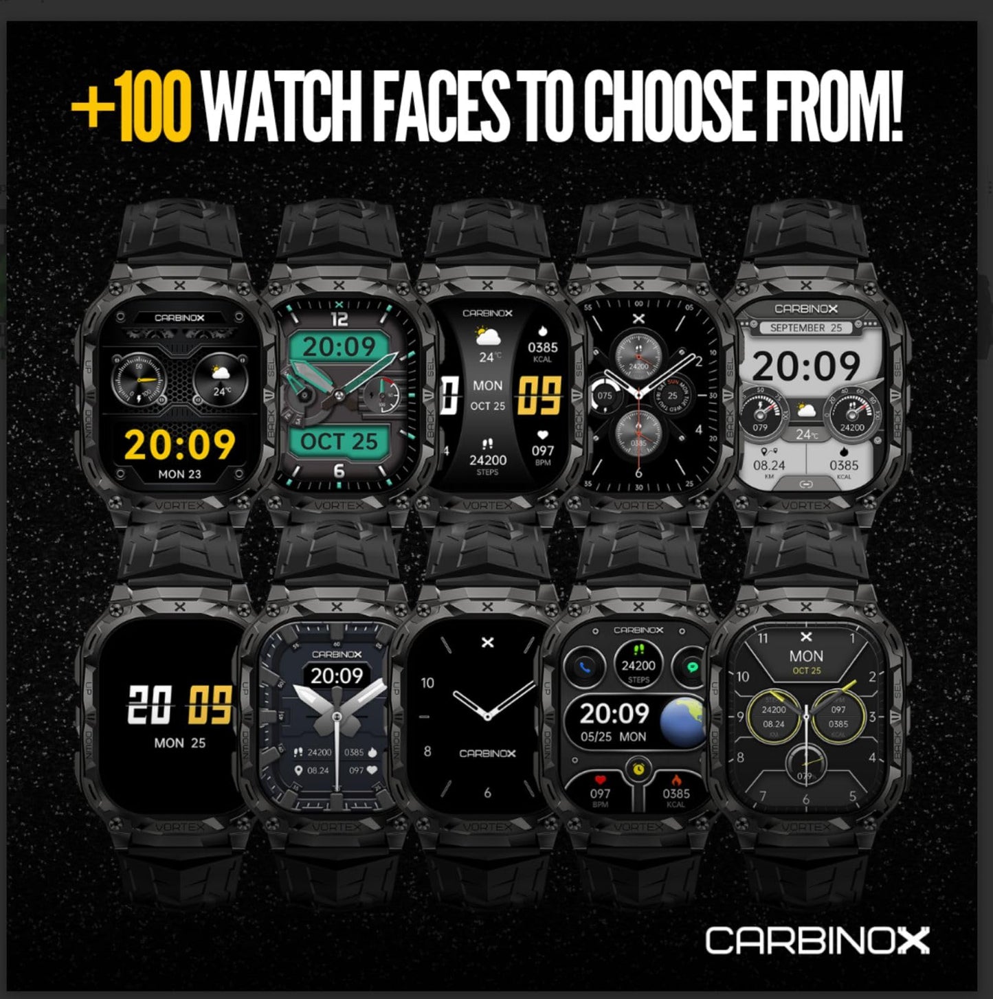 CARBINOX Vortex Smart Watch with Metal Band 22 mm, Rugged Fitness Tracker IP69K Waterproof Compatible with Android and iOS Phone, 14 Days of Battery Military Durable