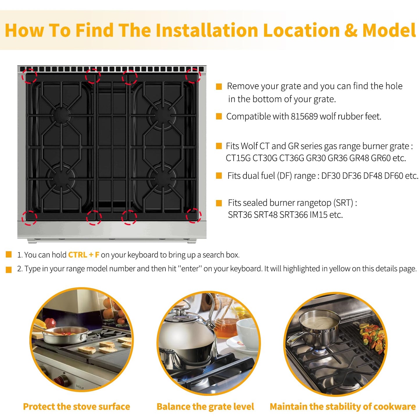 Allstare 815689 Grate Rubber Feet for Wolf CT Gas Cooktop, GR Series Gas Range Burner Grate Pad Range Parts Wolf Gas Cooktop Burner Grate Feet Bumpers Also Fit Other Brand Stove 12 Pack