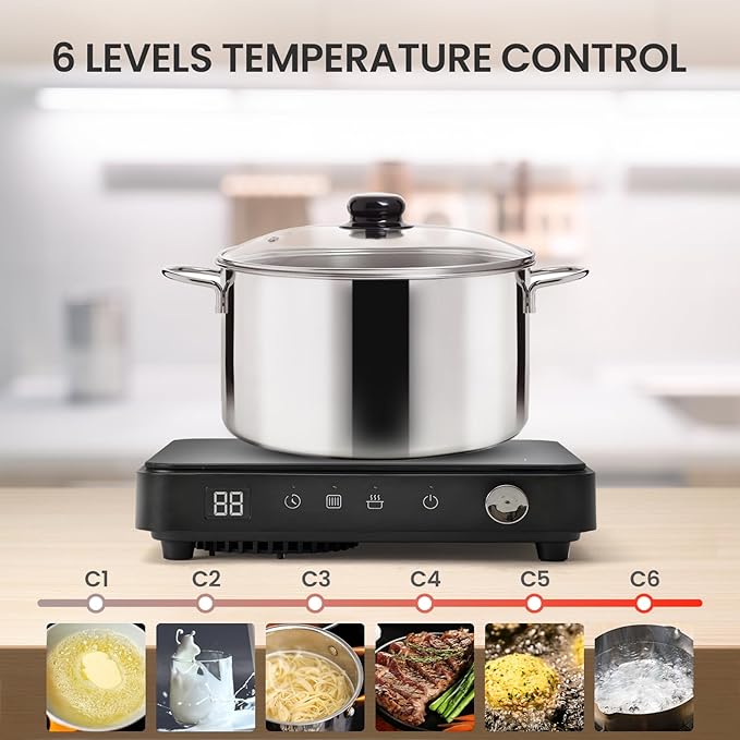 Portable Induction Cooktop 1500W with Grill Pan & Rack, Sensor Touch Hot Plate for Countertop, 6 Temp Levels, Auto Shut-Off, LED Display, Pot Detection, Electric Burner for Indoor BBQ & Cooking