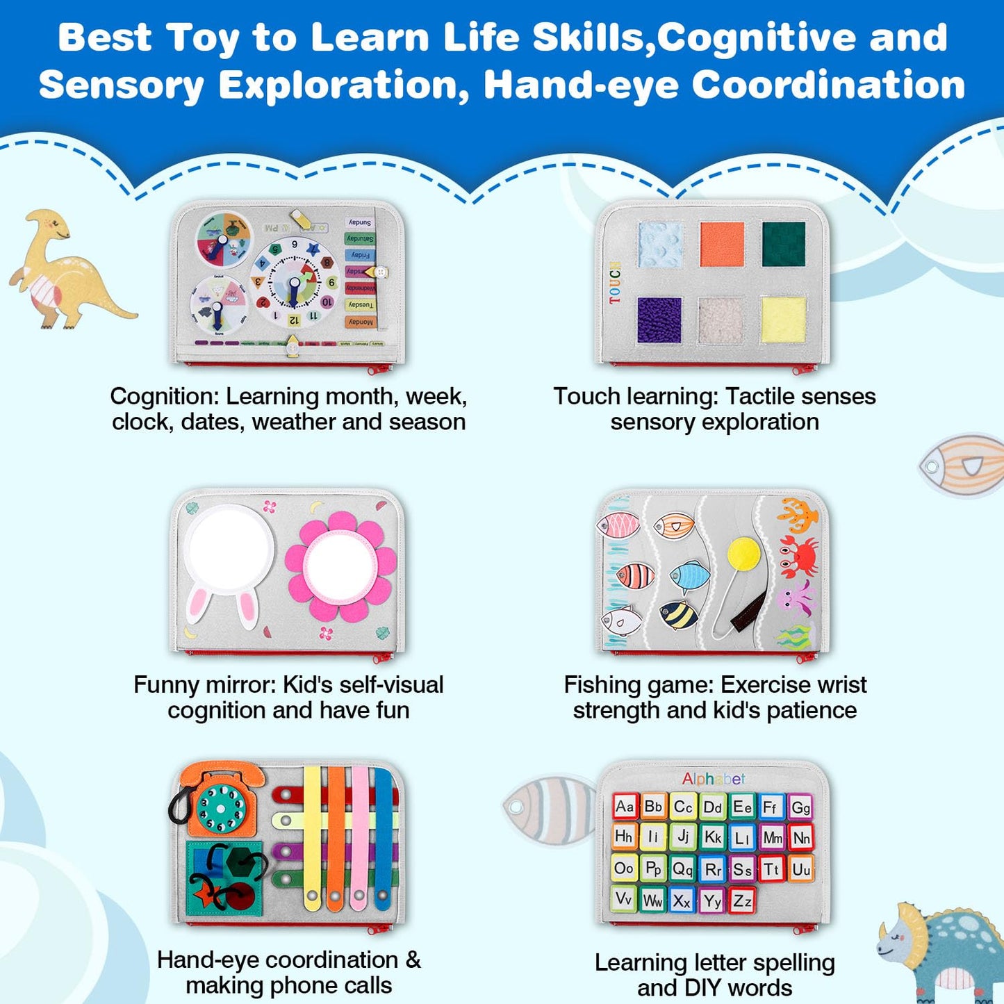 JHkim Busy Board Montessori Toys for 1 2 3 4 Year Old Boy & Girl Birthday Gifts, Autism Sensory Travel Toy for Toddlers 1-3, Educational Activity Sensory Board Learning Fine Motor Skills Toys, Gray
