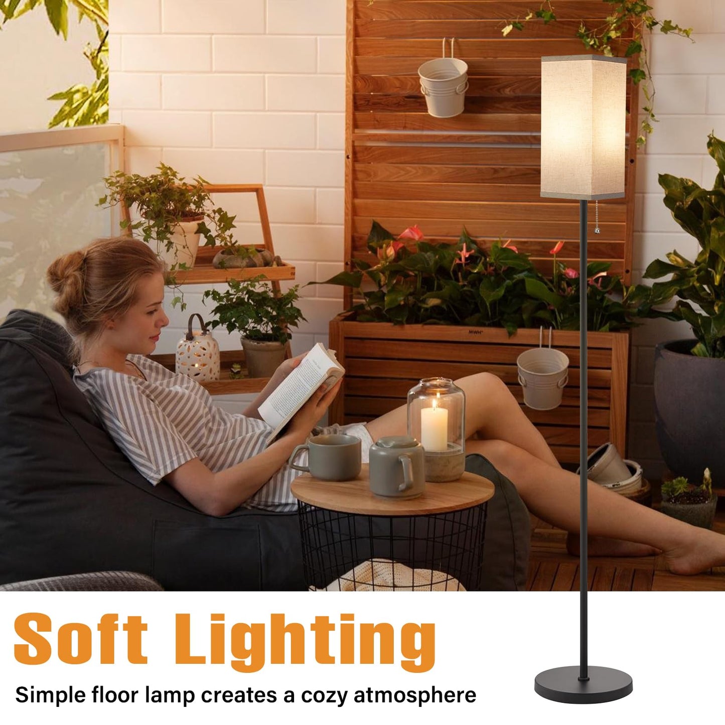 Ambimall Floor Lamp with Pull Chain Switch, 64in Metal Standing Lamp, Beige Square Shade & Black Pole, Model RPT-ZGB122