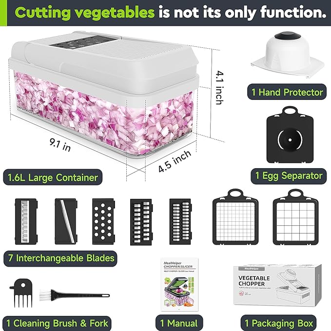 12-in-1 Vegetable Chopper, 7 Blade Veggie Chopper, Practical Food Chopper with Container, Cheese Grater, Home Essentials & Kitchen Gadgets(Black/White)
