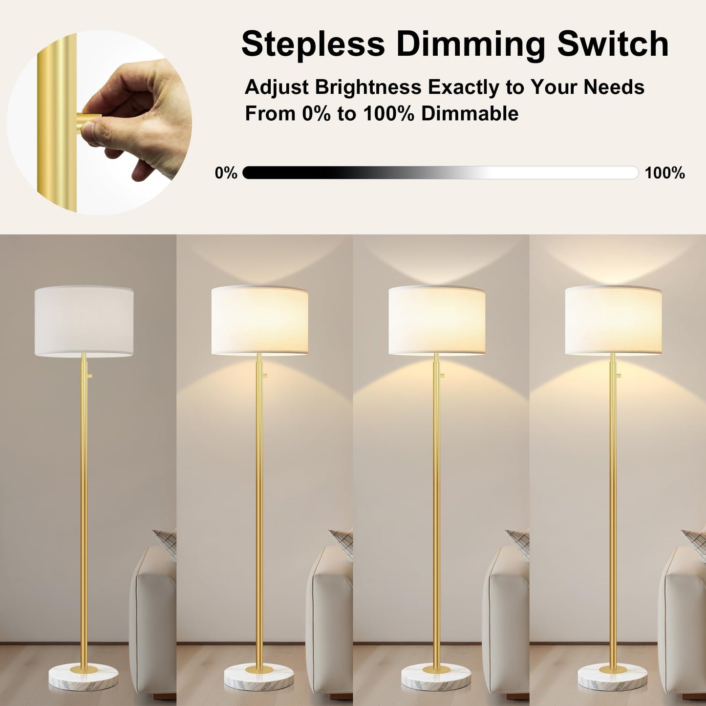 Aulaiyi Dimmable Gold Floor Lamp, Tall Metal Standing Lamp with Marble Base, Model WK012, Ideal for Living Room, Bedroom, Office