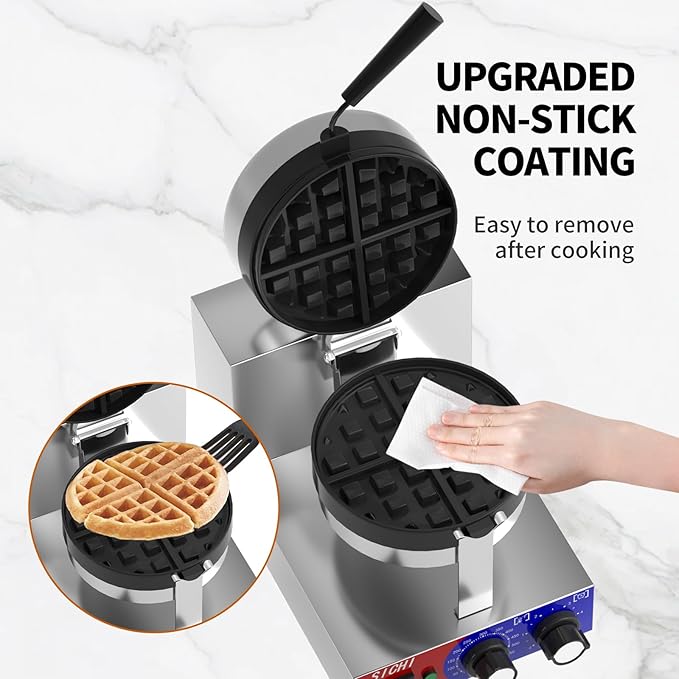Commercial Waffle Maker - Belgian Waffle Maker w/Non-stick Baking Pan and 550℉ Heating, 1200W Rotating Waffle Iron for 1.2" Thick, Stainless Steel Round Waffle Machine for Restaurant