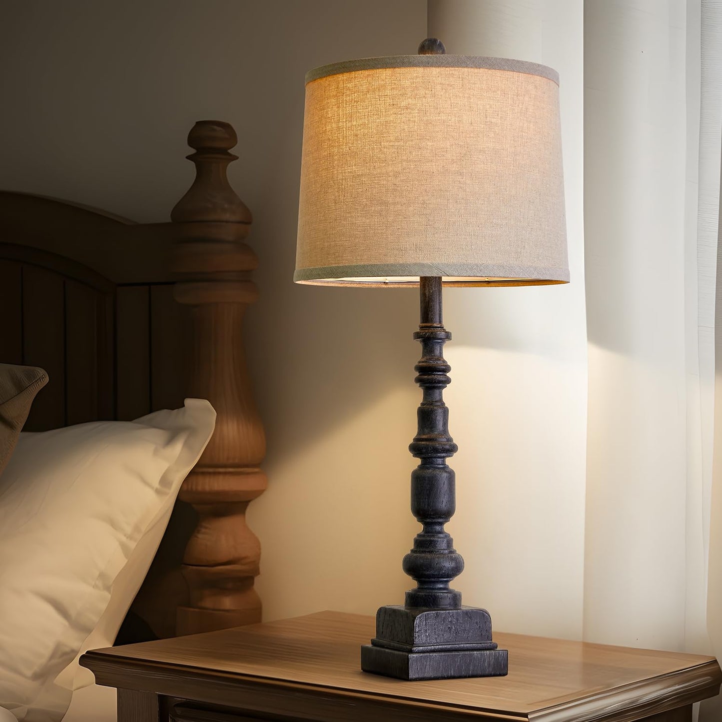 Oneach Vintage Farmhouse Usb Table Lamps Set Of 2, 27.75”, Antique Black Resin, Traditional Nightstand Lighting For Living Room & Bedroom