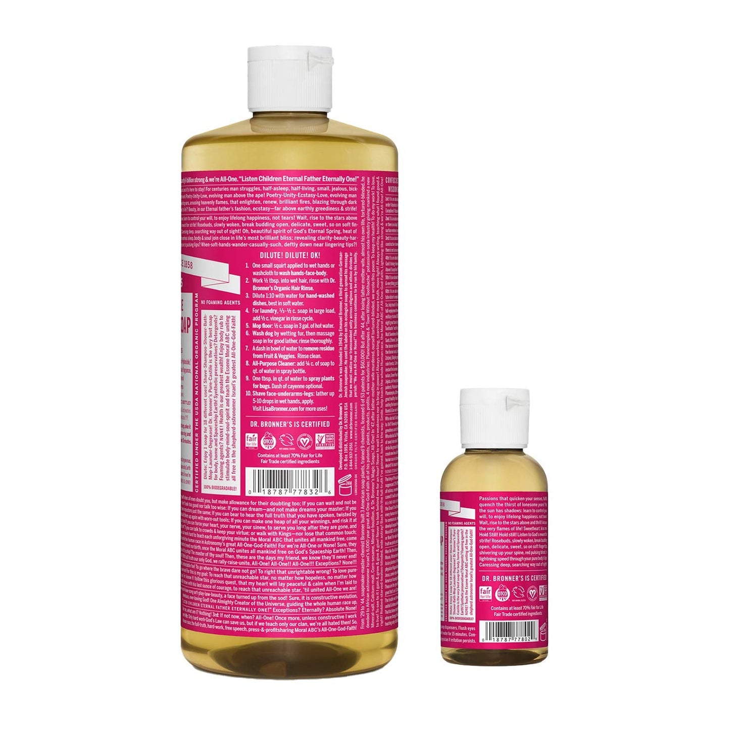 Dr. Bronner's Pure-Castile Liquid Soap - Rose Bundle. 32 oz. Bottle and 2 oz. Travel Bottle