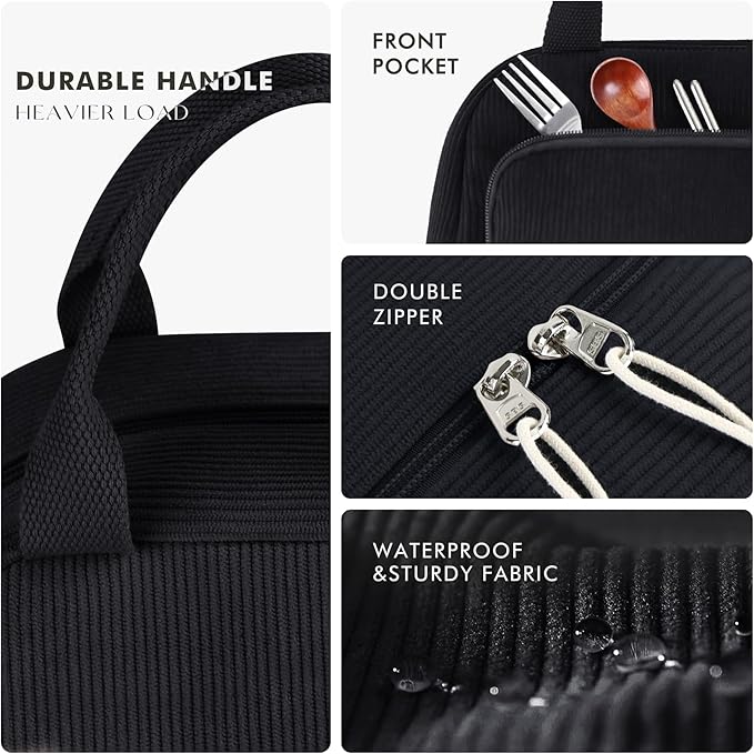 HOMESPON Lunch Bag for Women Men Adults with Front Pocket Cute Corduroy Insulated Lunch Tote Large Capacity Lunch Box Cooler Container for Work Picnic or Travel (Black)