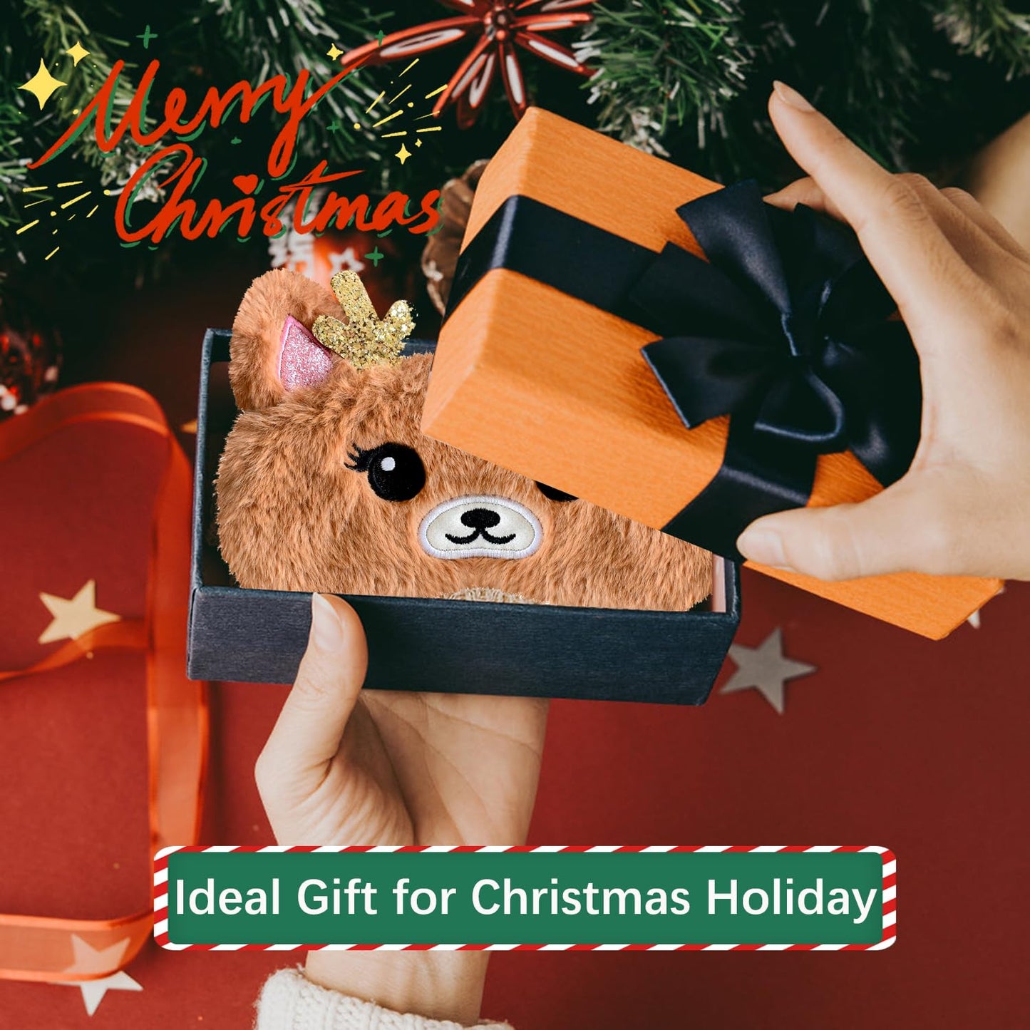 VHOPMORE Cute Animal Sleeping Mask Sleep Mask, Xmas Reindeer Soft Plush Eye Mask for Travel Nap Funny Rudolph Blindfold Eye Cover Eyeshade for Adult Kids Girls Teens Men Women - Reindeer, Gold & Brown