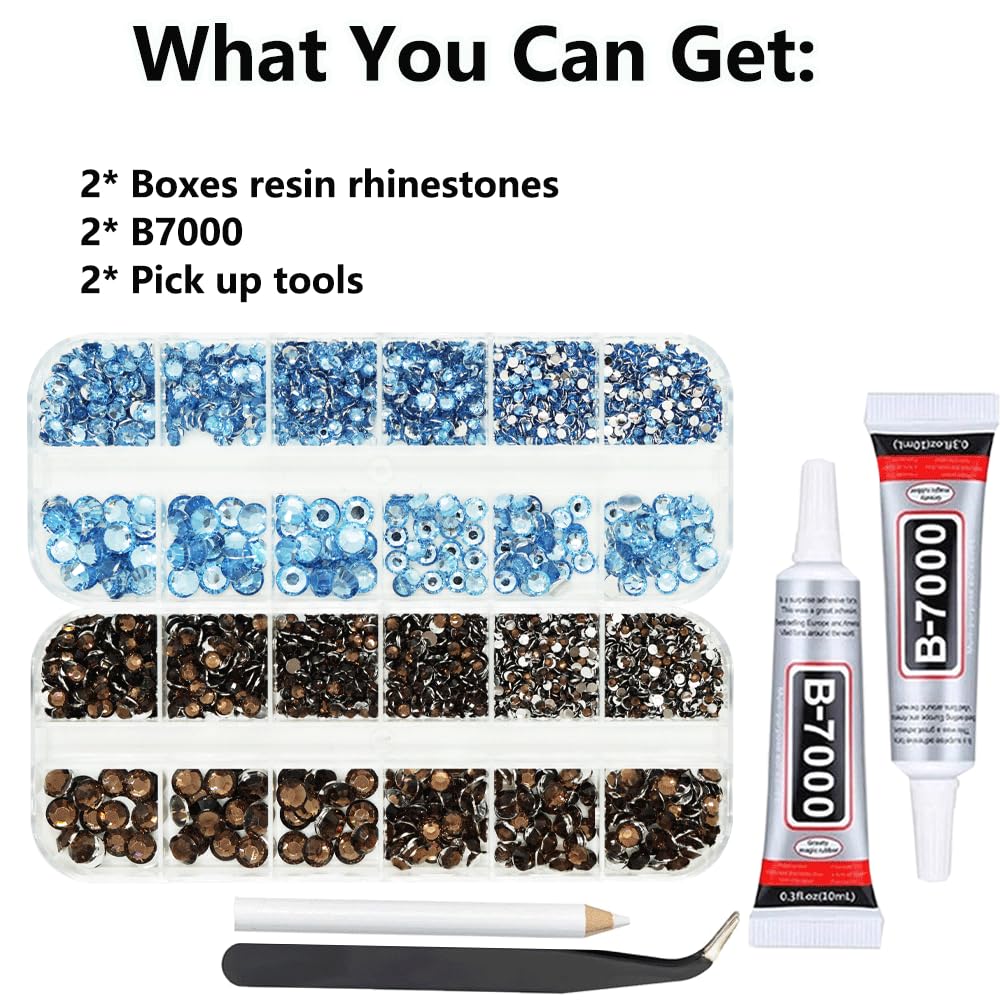 Rhinestones for Bedazzling with B7000 Glue, Light Blue Brown 2mm 3mm 4mm 5mm 6mm (SS8-SS30) Non-Hotfix Flatback Diamonds Kit, Na