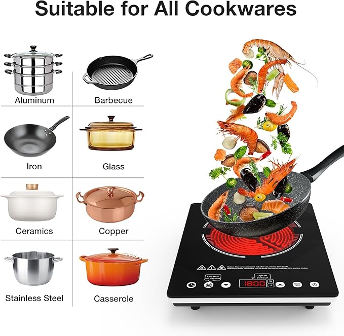 Single Burner Electric Cooktop, 110V-120V Electric Stove Infrared Hot Plate with Touch Control, Child Safety Lock, Timer, 9 Power Level, 1800W Plug in Induction Cooktop Burner for Cooking